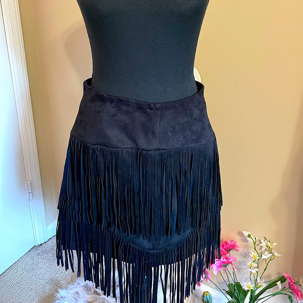 Ark & Co. suede, black fringe, above the knee skirt.